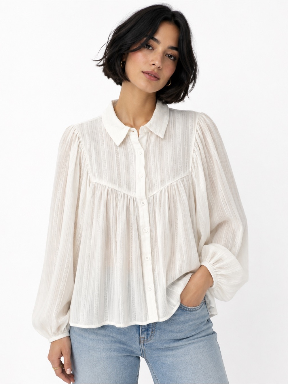 easel White Button-Front Peasant Top 100% Cotton